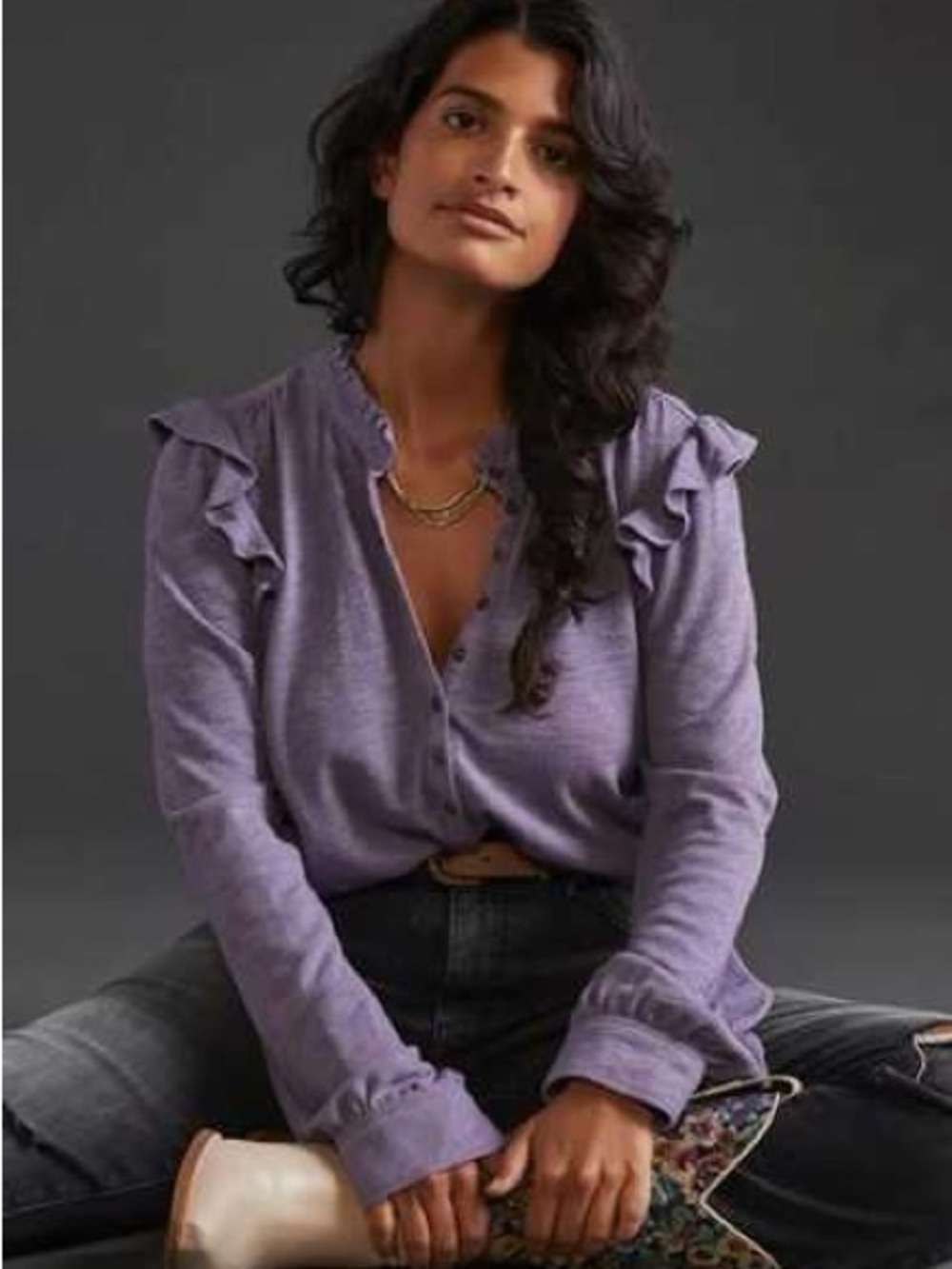 Anthropologie Pilcro Ruffled Henley Top S Small Purple Knit Popover Long Sleeve - Picture 2 of 11